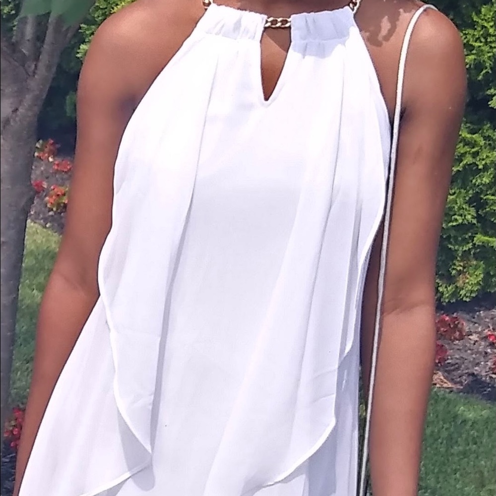 White midi dress with gold sleeves